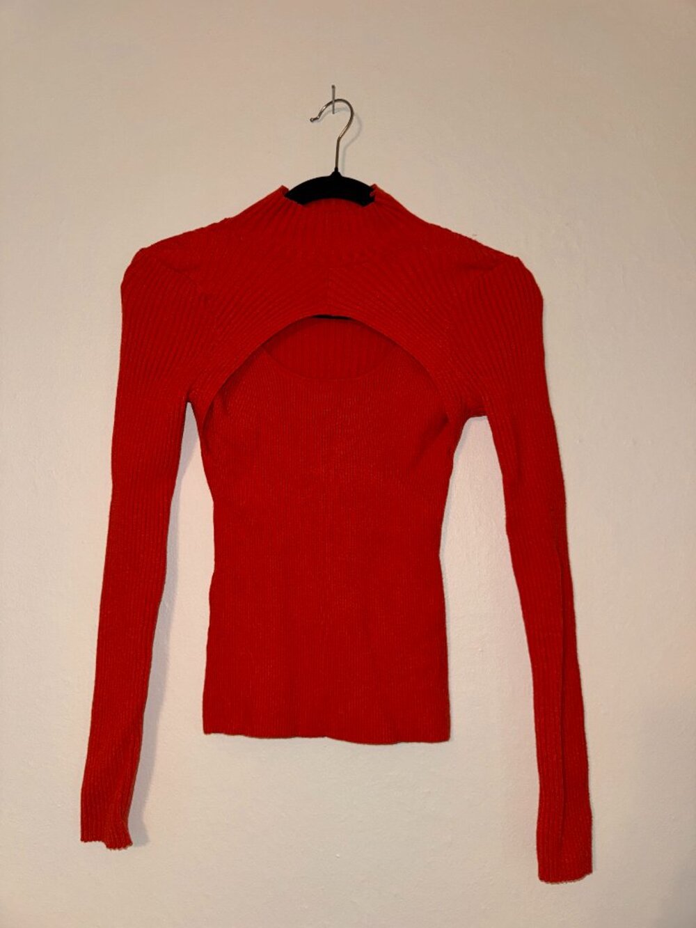 Red Ribbed Knit Long Sleeve Mock Neck Cutout Top